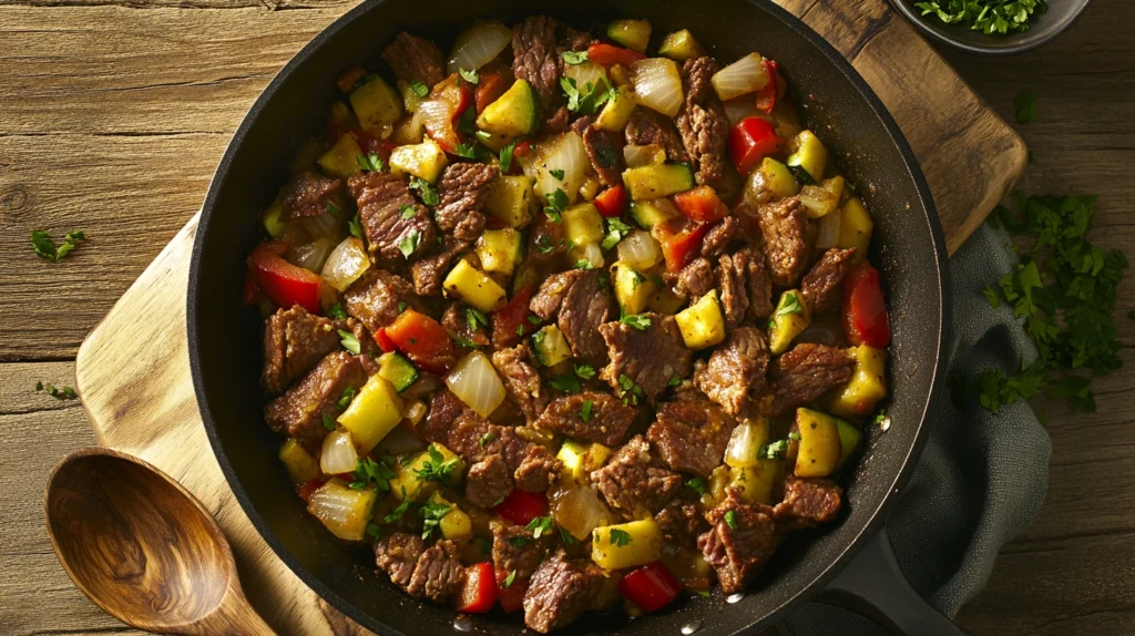 Crispy canned corned beef hash with vibrant vegetables in a skillet, perfect for a hearty breakfast without potatoes.