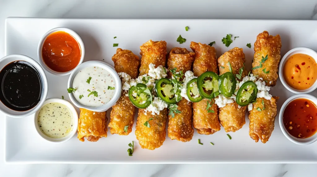 Plate of crispy egg rolls served with ranch, BBQ sauce, and sweet chili, garnished with fresh jalapeños and goat cheese.