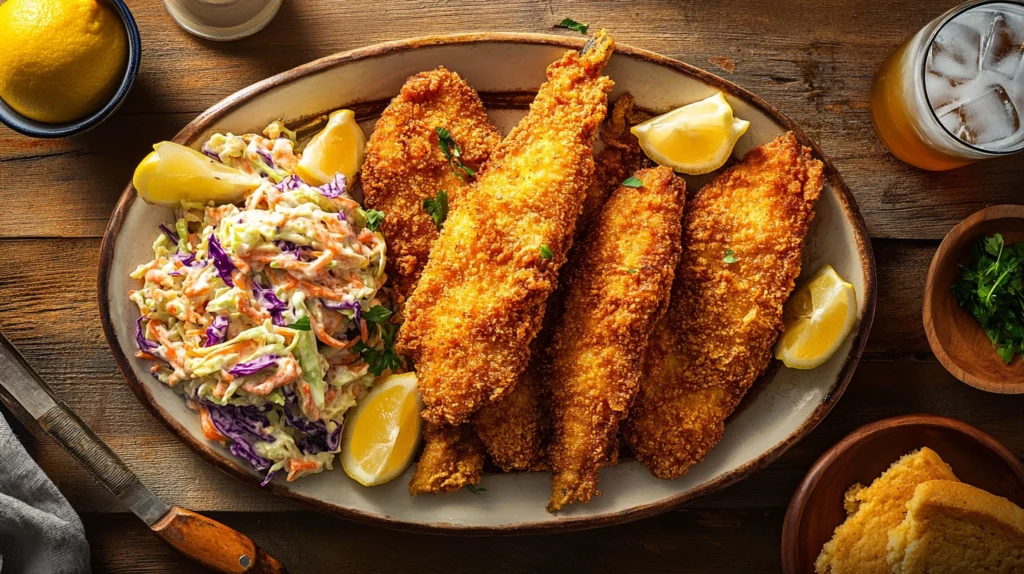 Platter of crispy fried fish with hillbilly seasoning, served with cornbread and coleslaw, surrounded by Southern side dishes1