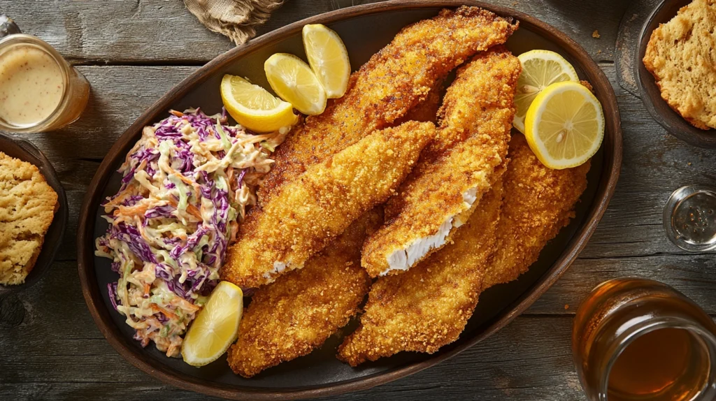 Platter of crispy fried fish with hillbilly seasoning, served with cornbread and coleslaw, surrounded by Southern side dishes.