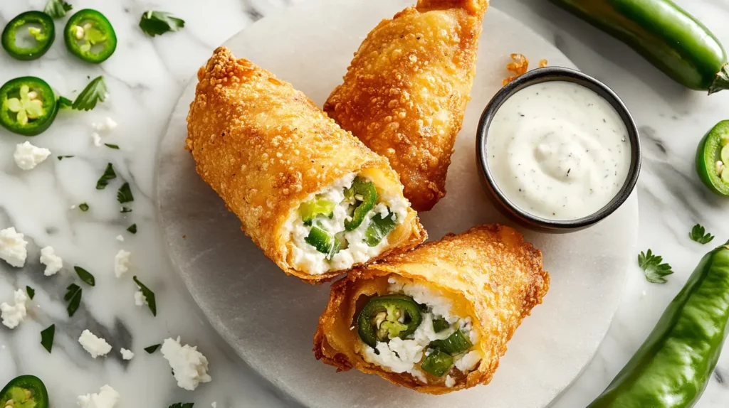 Golden brown egg roll cut open to reveal creamy goat cheese and jalapeño filling, served with ranch dressing.