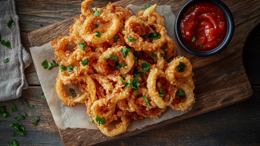 Golden onion French fries served with dipping sauces, garnished with fresh parsley, on a rustic wooden board.