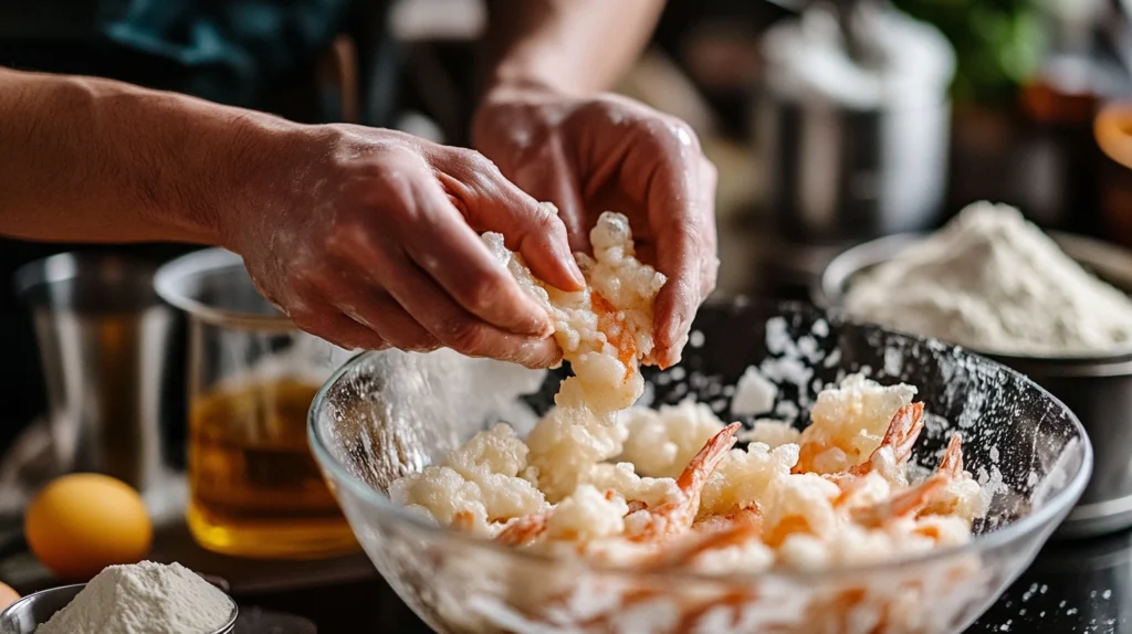 Hands dipping shrimp into light tempura batter, ready for frying, with fresh ingredients in the background.