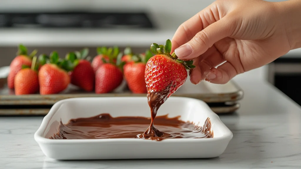 Hand dipping a strawberry into melted carob with a tray of finished strawberries nearby.