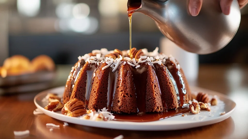 A rich non-alcoholic syrup being drizzled over a Caribbean festival rum cake, creating a glossy, moist finish.