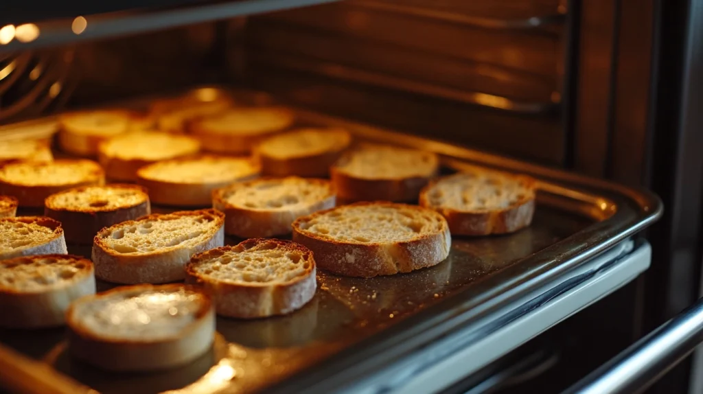 Slices of bread drying on a baking sheet inside a warm oven, perfect for homemade bread and crumbs.