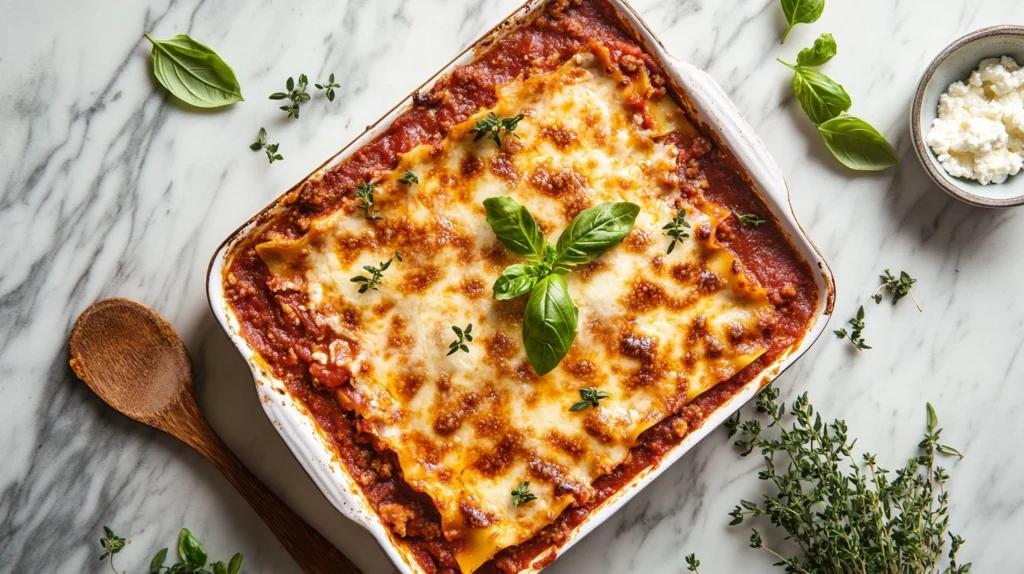 Overhead view of Mama’s Roses lasagna, golden-brown with bubbling cheese, served in a ceramic dish on a wooden table.

