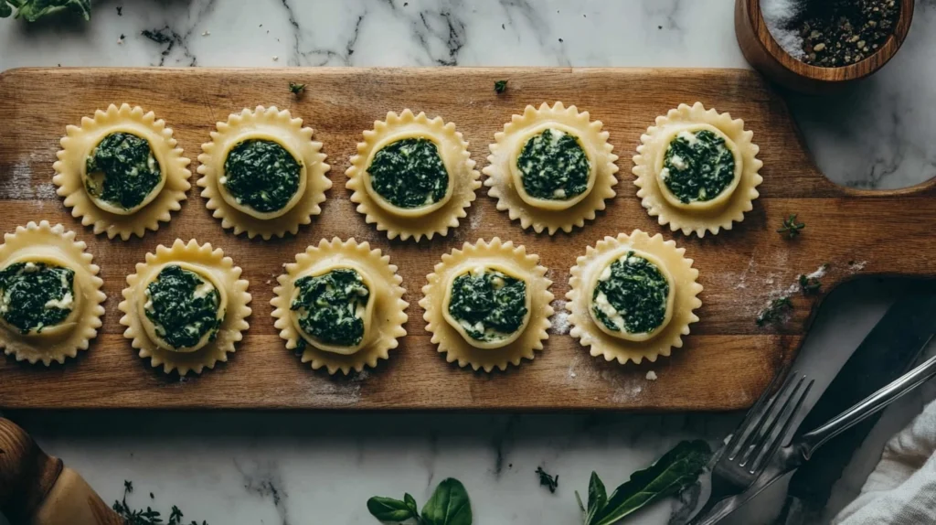  Shaping gluten-free ravioli with ricotta and spinach filling.