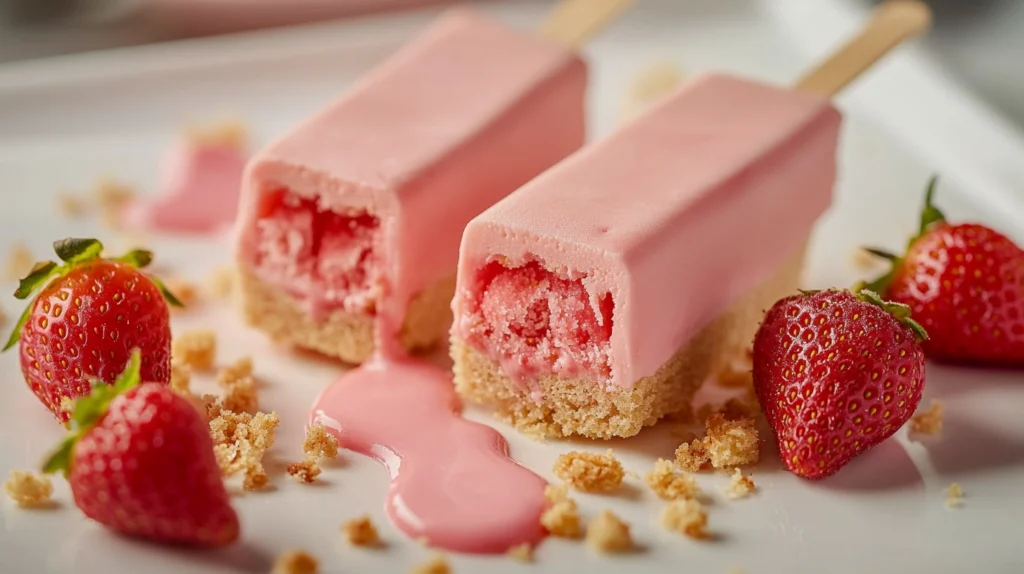 A plate of finished strawberry ice cream bars, some with bites taken, revealing the creamy filling.