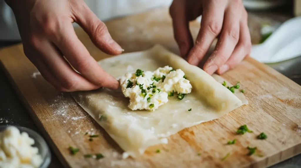 Hands folding an egg roll wrapper with goat cheese and jalapeño filling on a wooden surface.