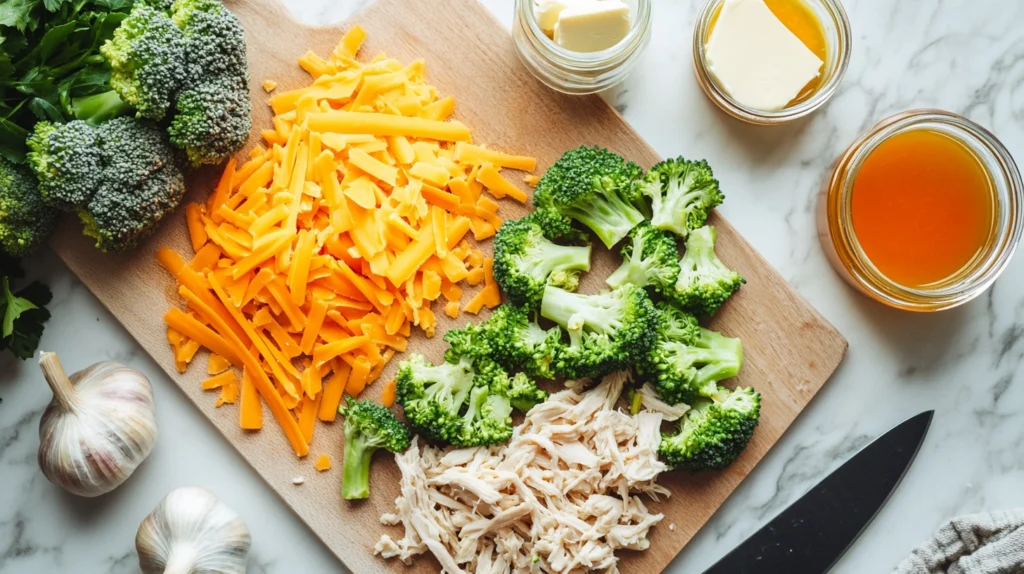 Fresh ingredients for chicken broccoli cheddar soup: broccoli, chicken, cheddar cheese, carrots, garlic, butter, and broth.
