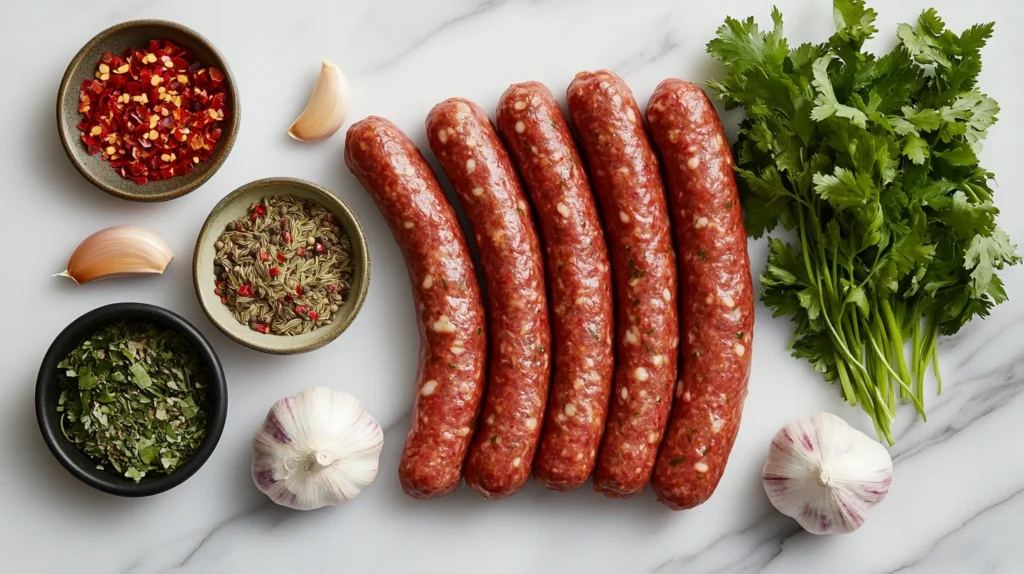 Top-down view of fresh, vibrant ingredients for homemade hot sausage, highlighting spices, ground beef, and fresh herbs.

