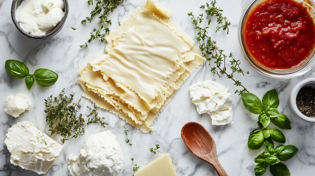 Close-up of fresh lasagna ingredients, including basil, ricotta, mozzarella, Parmesan, noodles, and tomato sauce on a marble countertop.