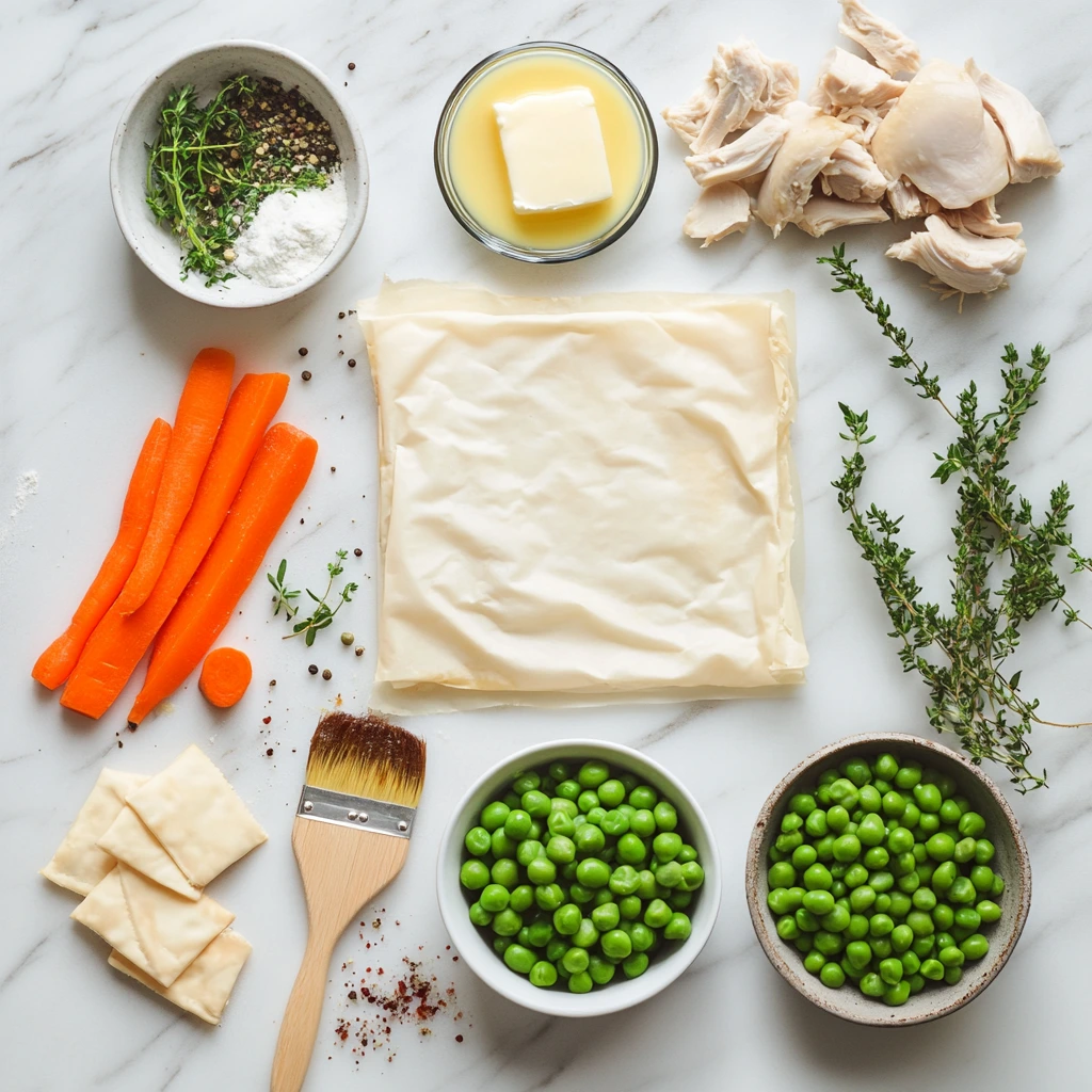 Ingredients for Phyllo Chicken Pot Pie including chicken, vegetables, phyllo sheets, and melted butter