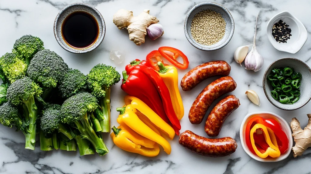 Flat lay of fresh ingredients for sausage broccoli stir-fry, including broccoli, sausage, and bell peppers