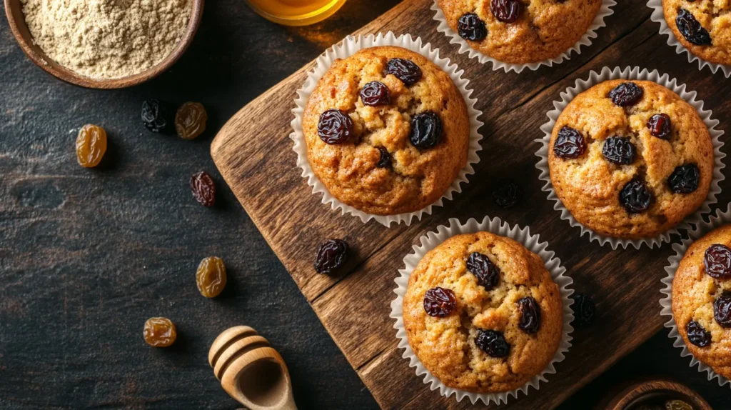 Freshly baked GAPS raisin muffins on a wooden board with almond flour, honey, and raisins in the background.