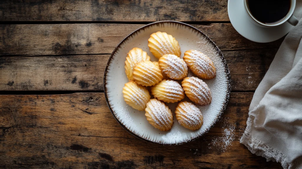 Golden, shell-shaped Madeleine cookies lightly dusted with powdered sugar on a rustic wooden table.