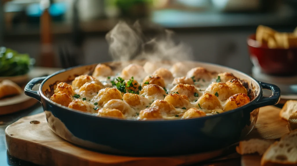 "Close-up of a steaming hot Rick Nolan Hotdish, with perfectly crispy tater tots and fresh parsley garnish, just out of the oven, served with garlic bread on a wooden trivet.