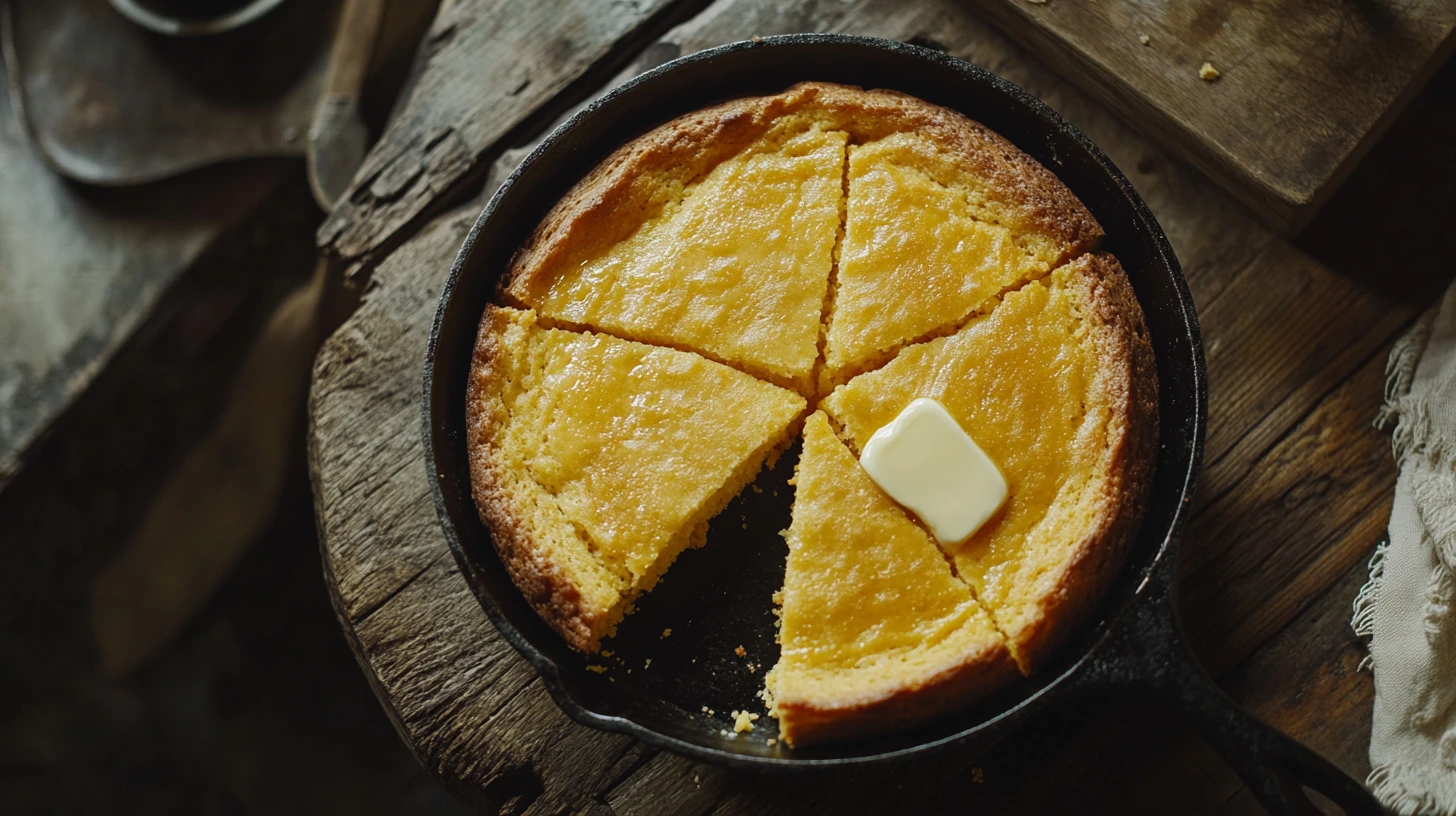 Golden Southern cornbread in a cast iron skillet with butter melting on a slice.