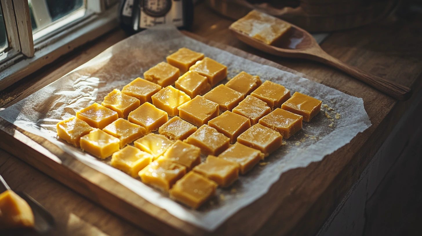 Close-up of freshly made butterscotch candy on a parchment-lined tray.