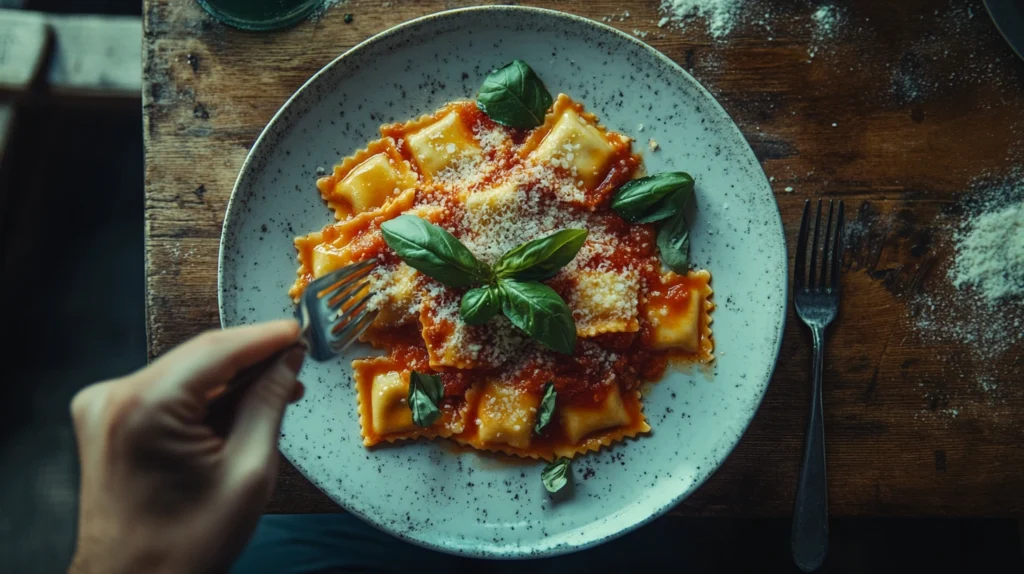 Freshly cooked gluten-free ravioli with tomato sauce and basil.