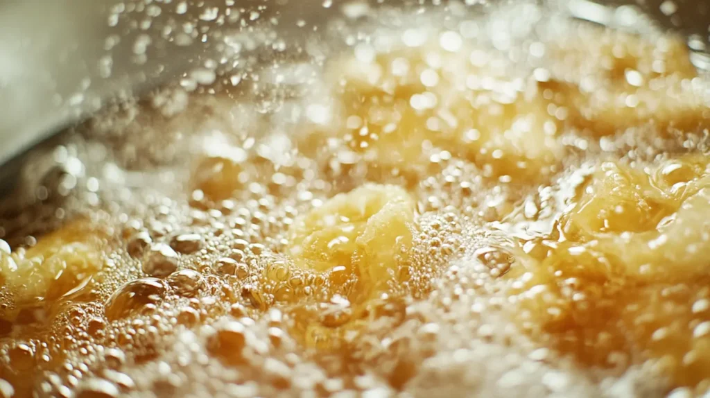 Egg rolls frying in golden bubbling oil, with tongs flipping one roll