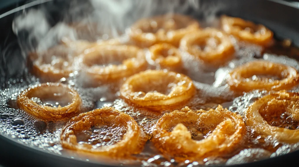 Onion slices frying in bubbling oil in a deep skillet, achieving a golden brown color.