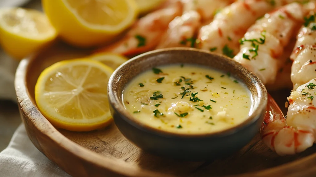 Bowl of garlic butter sauce served with freshly cooked snow crab legs and lemon slices on a plate.