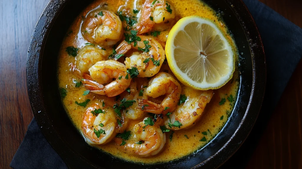 Close-up of garlic butter shrimp in a skillet with fresh parsley and lemon.