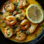 Close-up of garlic butter shrimp in a skillet with fresh parsley and lemon.