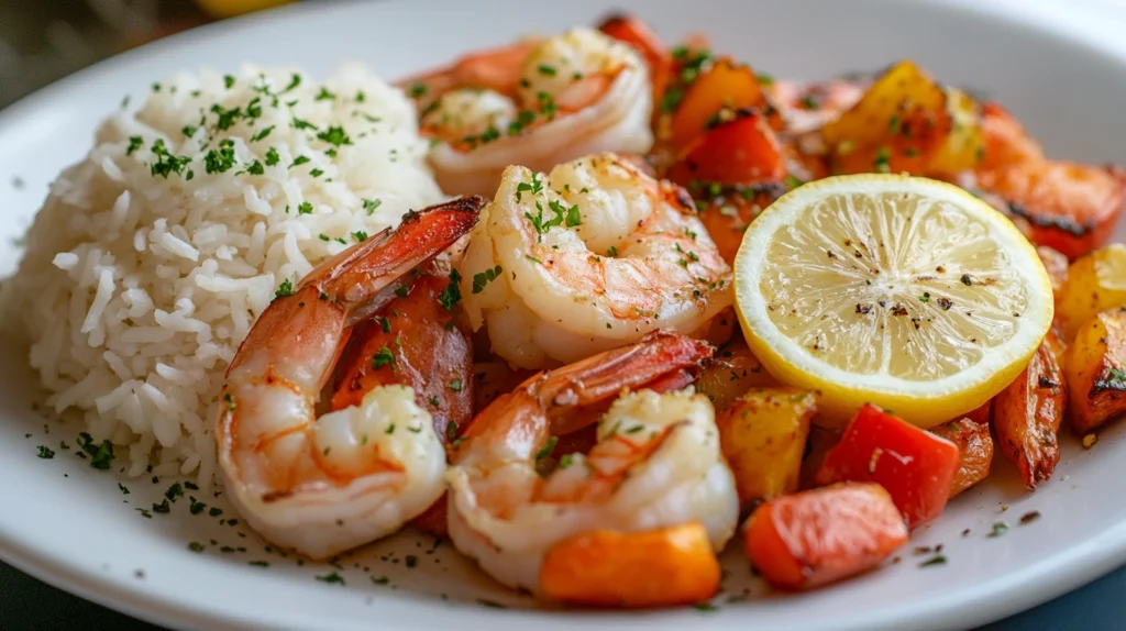  About Garlic Butter Shrimp Recipe served with steamed rice and roasted vegetables.