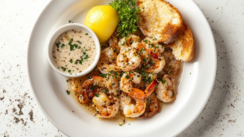 Garlic butter shrimp plated with toasted bread and dipping sauce, garnished with parsley and lemon.