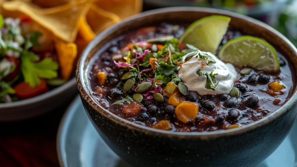 Close-up of a bowl of Purple Black Bean Soup Recipe with garnishes like pumpkin seeds, sour cream, and lime, paired with tortilla chips.