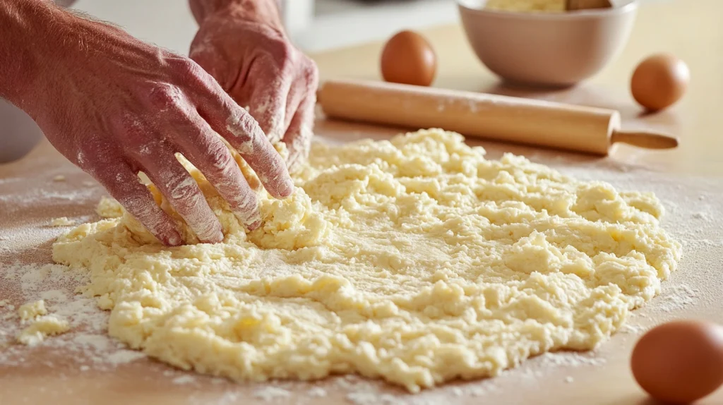 Hands kneading gluten-free pasta dough on a floured surface.