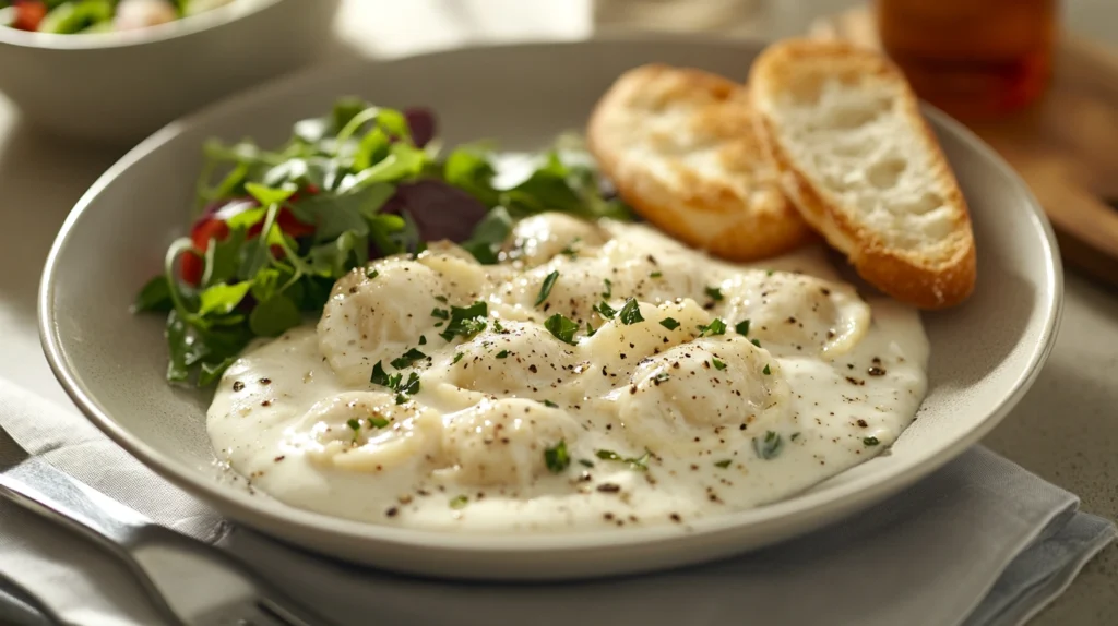 Gluten-free ravioli served with Alfredo sauce and garlic bread.