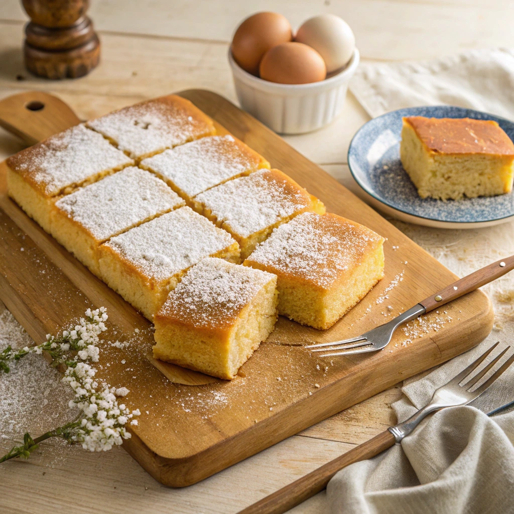 Freshly baked kefir sheet cake cut into squares, dusted with powdered sugar on a rustic wooden board