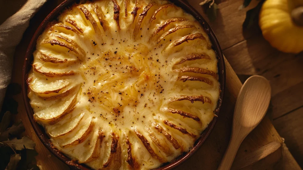 Creamy scalloped potatoes with cheese powder baked to perfection in a rustic ceramic dish.