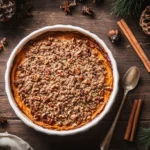 Overhead view of Paula Deen sweet potato casserole with golden brown pecan topping in a white dish, perfect for holidays.