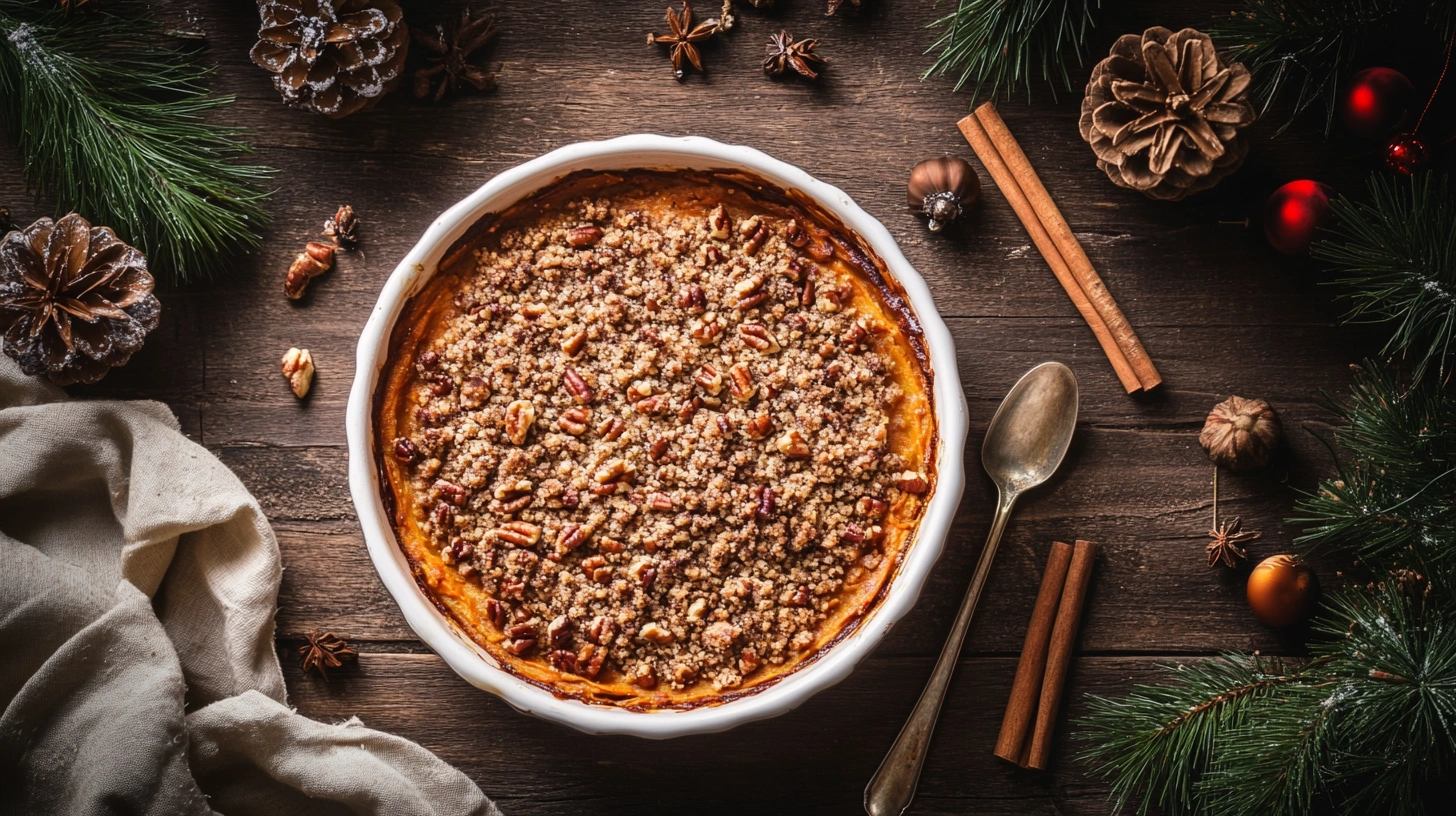 Overhead view of Paula Deen sweet potato casserole with golden brown pecan topping in a white dish, perfect for holidays.