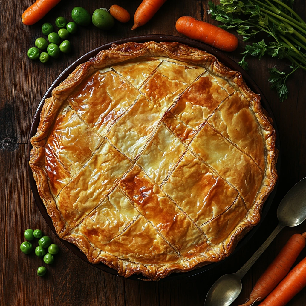 Golden Phyllo Chicken Pot Pie with flaky crust served in a rustic pie dish surrounded by fresh vegetables.