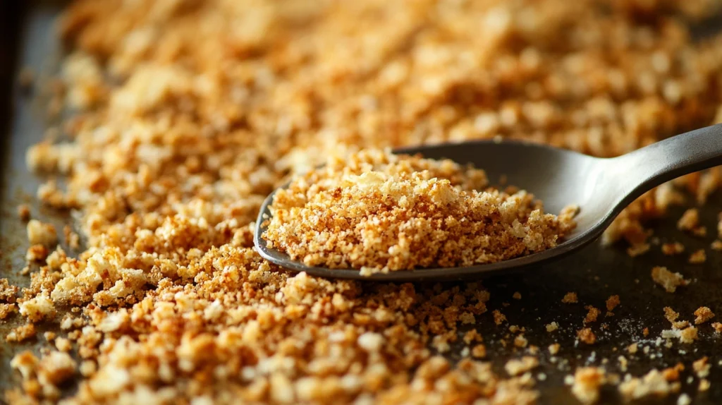 Golden-brown toasted breadcrumbs spread across a baking sheet, with a spoon showcasing their crisp texture.