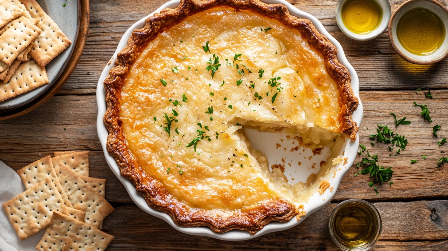 Close-up of a freshly baked Passover Potato Pie with a golden crust, garnished with parsley in a rustic white dish.