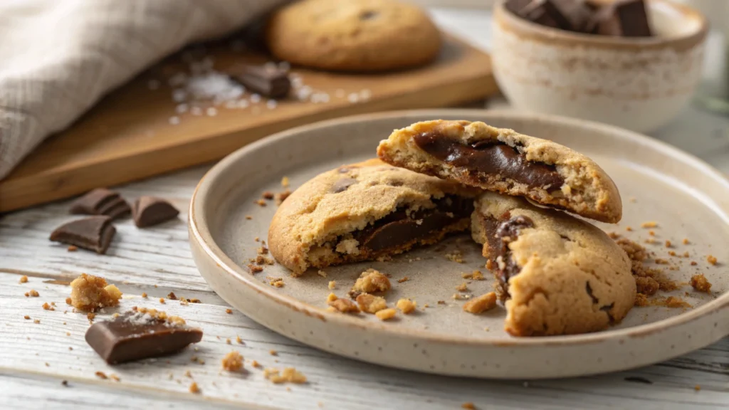 Close-up of a Disney chocolate chip cookie broken in half, showcasing gooey chocolate and soft texture.