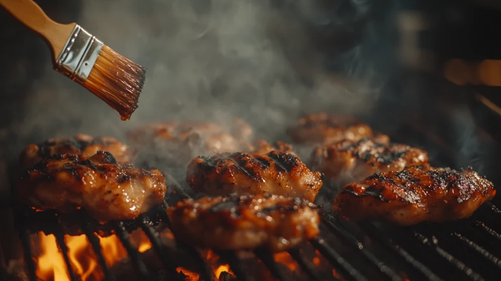 San Antonio Grilled Mexican Chicken Marinade Recipe thighs on a grill with char marks and a brush applying lime and cilantro marinade for extra flavor