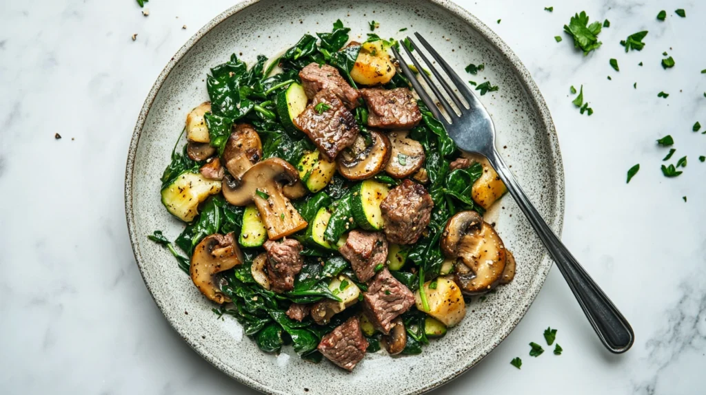 Vibrant sautéed spinach, mushrooms, and zucchini served with golden-brown corned beef chunks for a healthy breakfast.