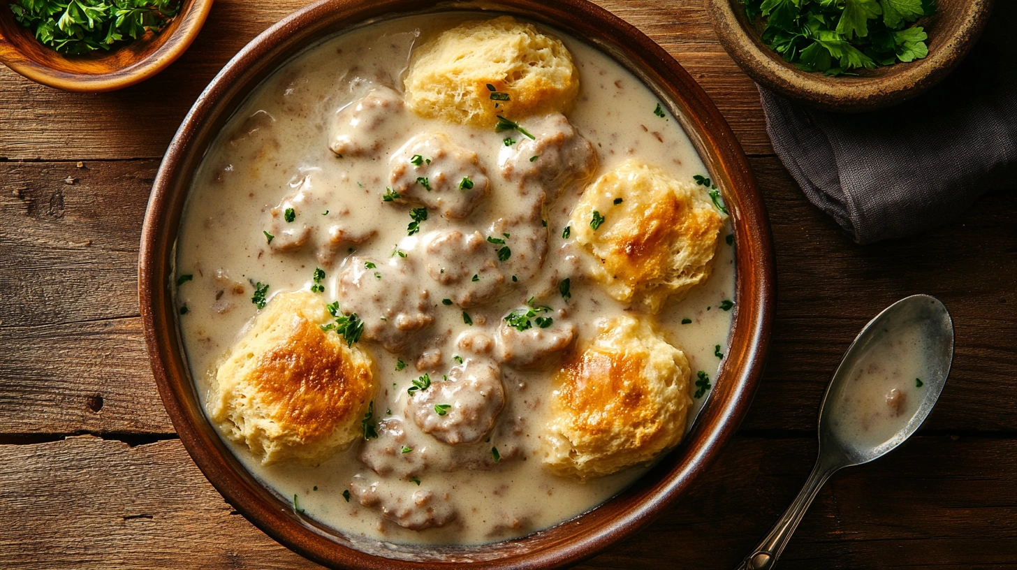 Bowl of sausage turkey fat gravy served over golden biscuits with a rustic background