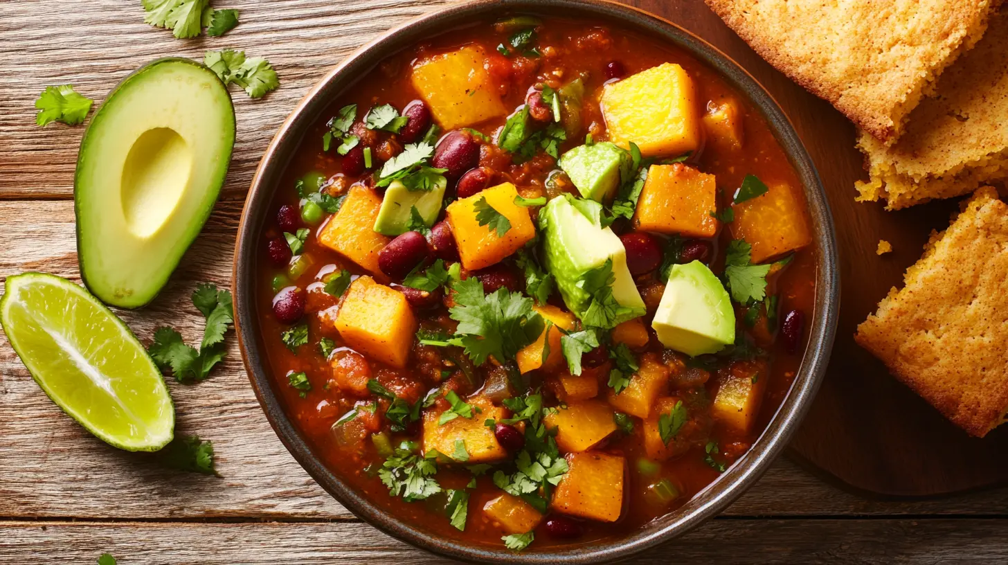 A hearty bowl of squash and kidney bean chili garnished with cilantro and lime, served with cornbread on a rustic table.