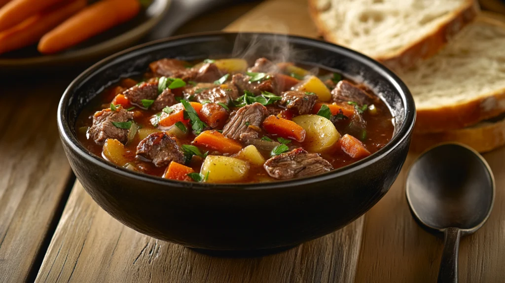 A bowl of hearty venison stew made with canned deer meat, garnished with fresh herbs.