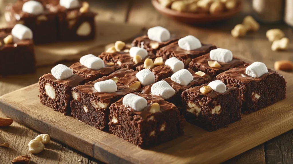 Close-up view of freshly baked heavenly hash brownies with gooey marshmallows and crunchy nuts on a wooden board.
