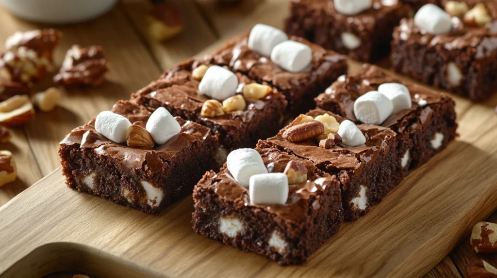 Close-up view of freshly baked heavenly hash brownies with gooey marshmallows and crunchy nuts on a wooden board.